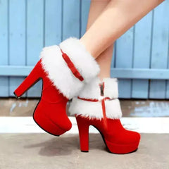 Christmas Winter High Heel Boot Plush Shoes Zipper Closure Boot for Women