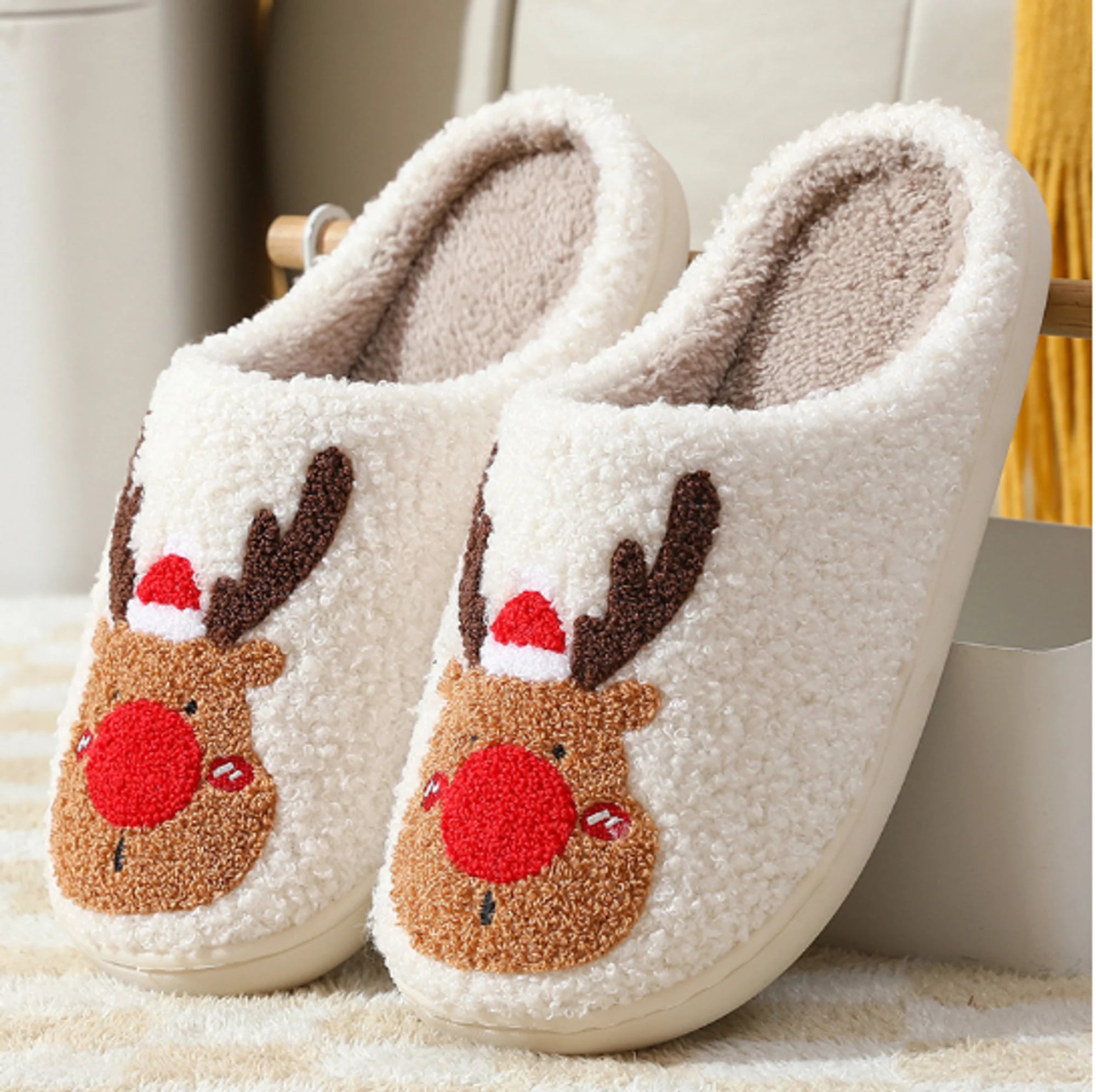 Christmas Slippers Reindeer Slippers for Women and Men Holiday Slippers Indoor Fluffy Warm