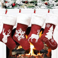 Christmas Stockings with Snowflake Santa Snowman Reindeer and Plush Faux Fur Cuff Stockings for Stairs Fireplace Hanging Xmas Home Decor