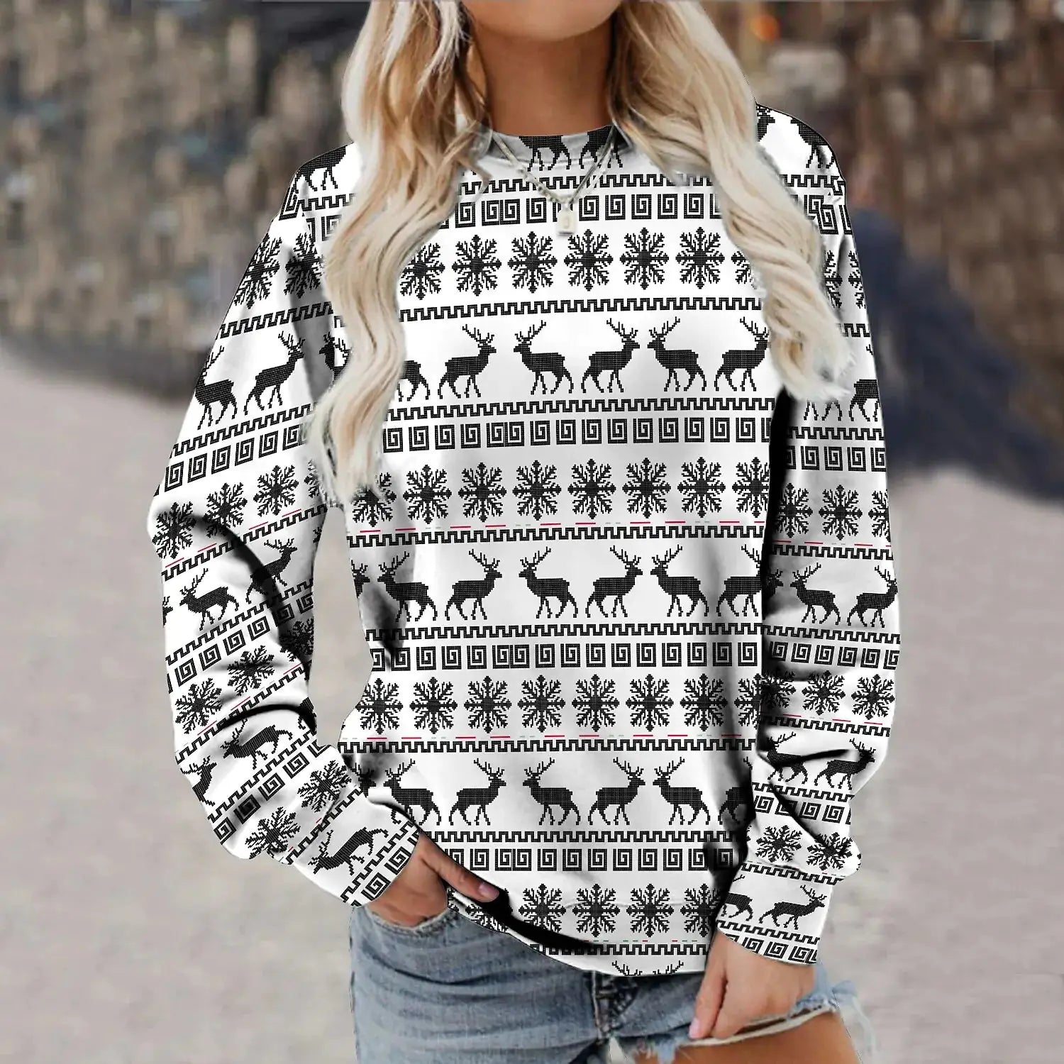 Women's Christmas Cedar Snowflake Patterns Knitted Sweater Long Sleeve Floral Printed Pullover Tops