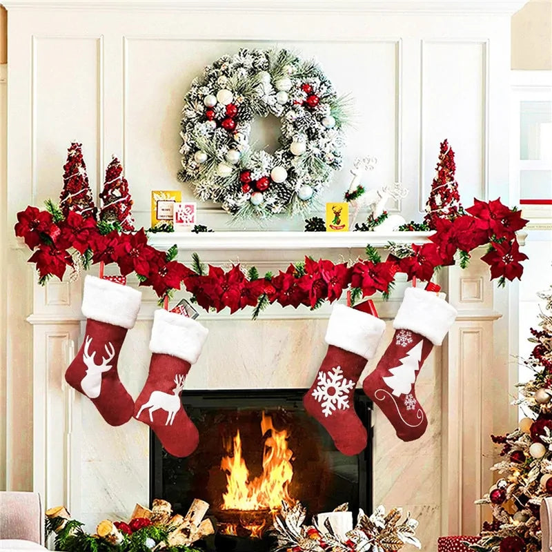 Christmas Stockings with Snowflake Santa Snowman Reindeer and Plush Faux Fur Cuff Stockings for Stairs Fireplace Hanging Xmas Home Decor