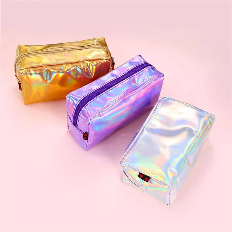 PU Leather Holographic Makeup Pouch Cosmetic Bag Waterproof Toiletries Organizer Pen Bag for Women and Girls