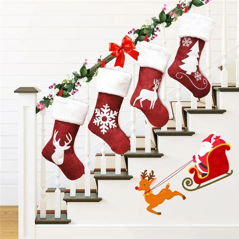 Christmas Stockings with Snowflake Santa Snowman Reindeer and Plush Faux Fur Cuff Stockings for Stairs Fireplace Hanging Xmas Home Decor