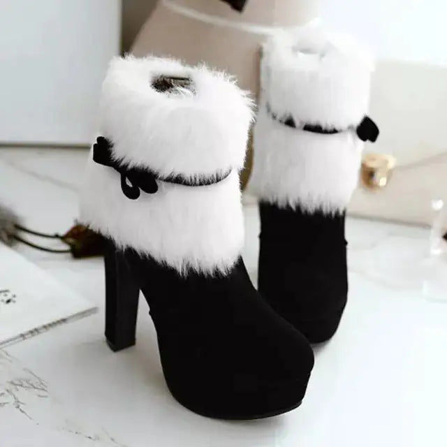 Christmas Winter High Heel Boot Plush Shoes Zipper Closure Boot for Women