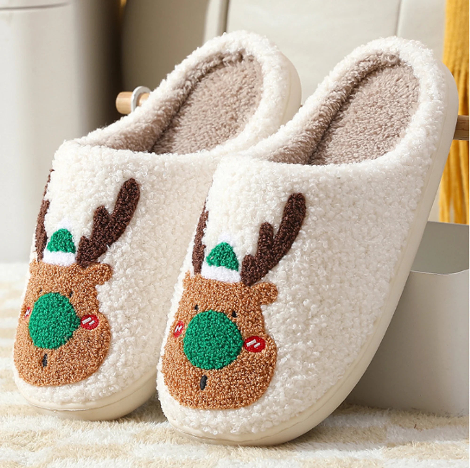 Christmas Slippers Reindeer Slippers for Women and Men Holiday Slippers Indoor Fluffy Warm