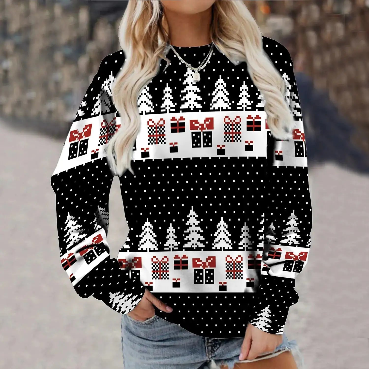 Women's Christmas Cedar Snowflake Patterns Knitted Sweater Long Sleeve Floral Printed Pullover Tops