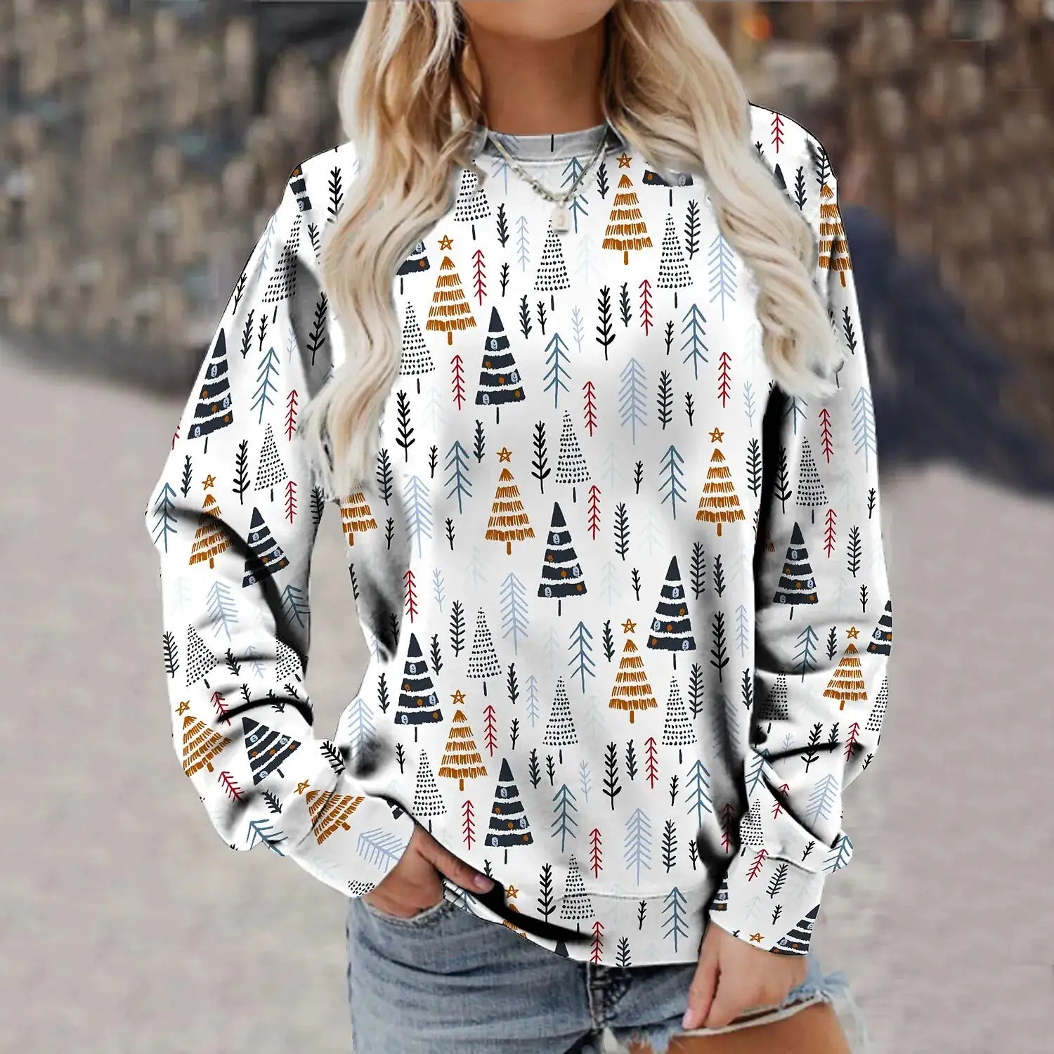 Women's Christmas Cedar Snowflake Patterns Knitted Sweater Long Sleeve Floral Printed Pullover Tops