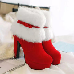 Christmas Winter High Heel Boot Plush Shoes Zipper Closure Boot for Women