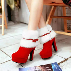 Christmas Winter High Heel Boot Plush Shoes Zipper Closure Boot for Women