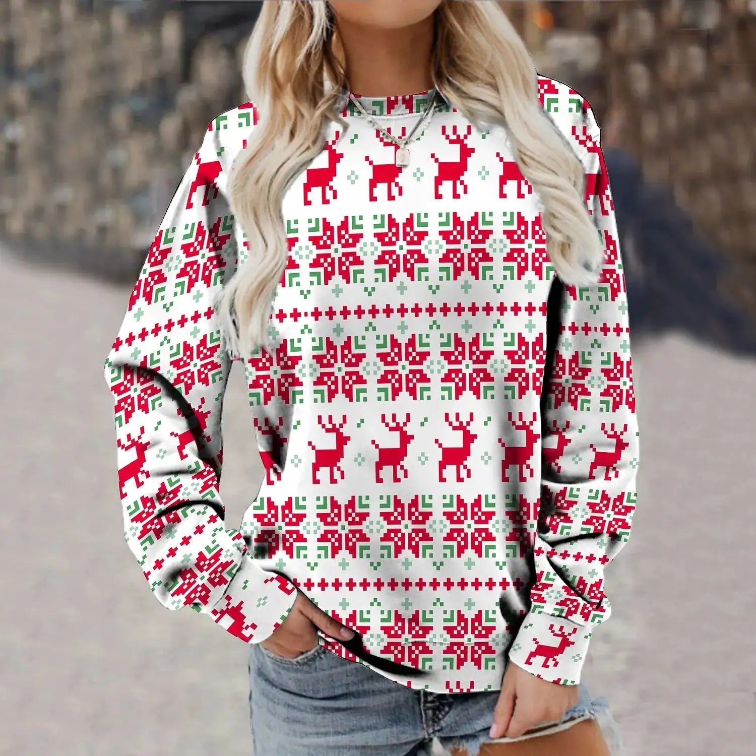 Women's Christmas Cedar Snowflake Patterns Knitted Sweater Long Sleeve Floral Printed Pullover Tops