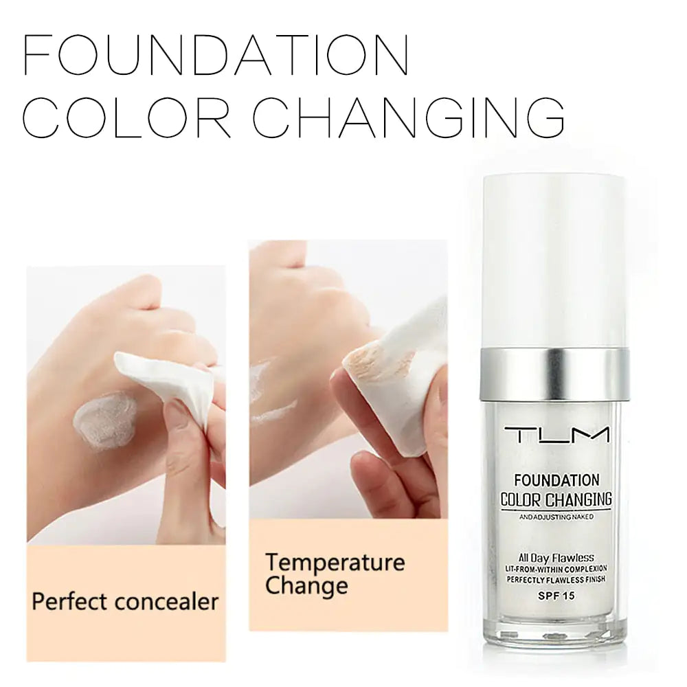 TLM Colour Changing Liquid Foundation Hides Wrinkles & Lines, BB Cream Makeup Base Concealer Cover Moisturizing Fluid for all Skin Tone SPF15 (30ml)