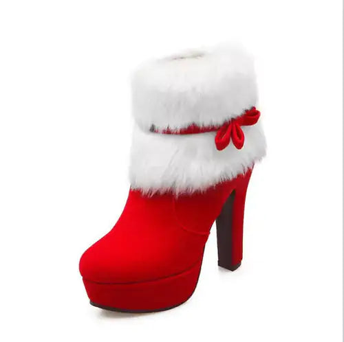 Christmas Winter High Heel Boot Plush Shoes Zipper Closure Boot for Women