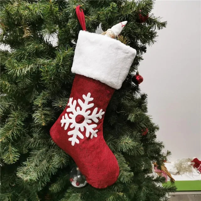 Christmas Stockings with Snowflake Santa Snowman Reindeer and Plush Faux Fur Cuff Stockings for Stairs Fireplace Hanging Xmas Home Decor